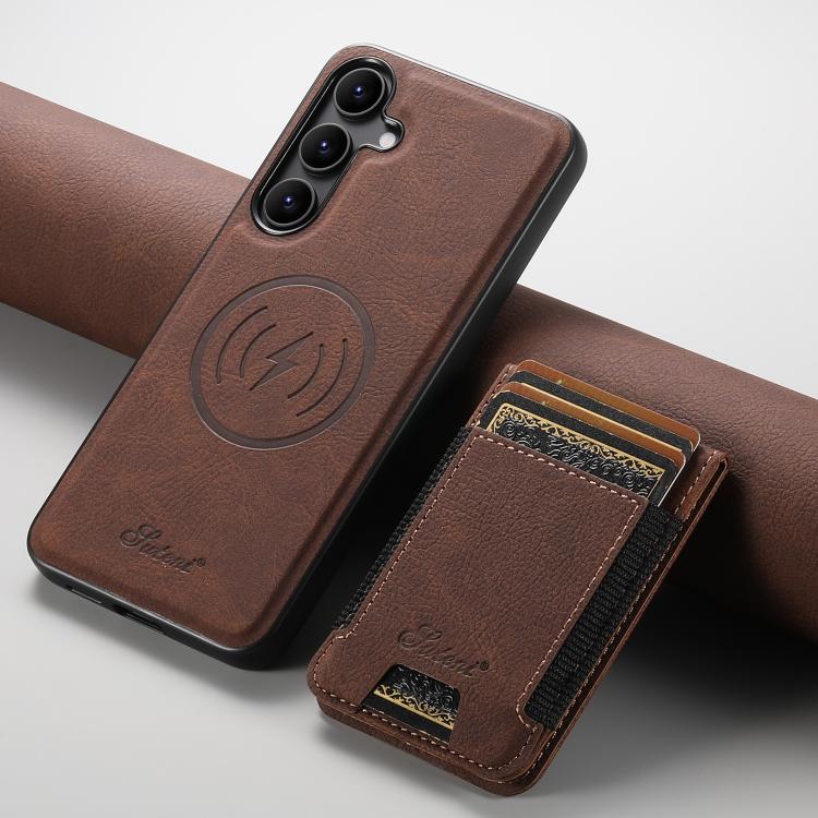 For Samsung Galaxy S25 5G Suteni H17 Litchi Texture Leather MagSafe Detachable Wallet Phone Case(Brown) - Galaxy S25 5G Cases by Suteni | Online Shopping South Africa | PMC TechLife | Buy Now Pay Later Mobicred