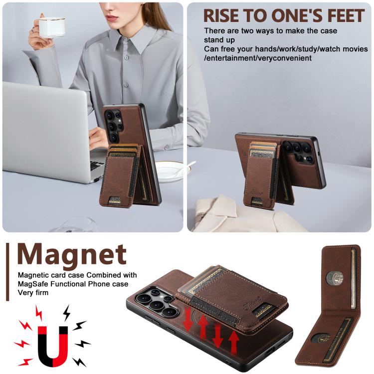 For Samsung Galaxy S25 5G Suteni H17 Litchi Texture Leather MagSafe Detachable Wallet Phone Case(Brown) - Galaxy S25 5G Cases by Suteni | Online Shopping South Africa | PMC TechLife | Buy Now Pay Later Mobicred