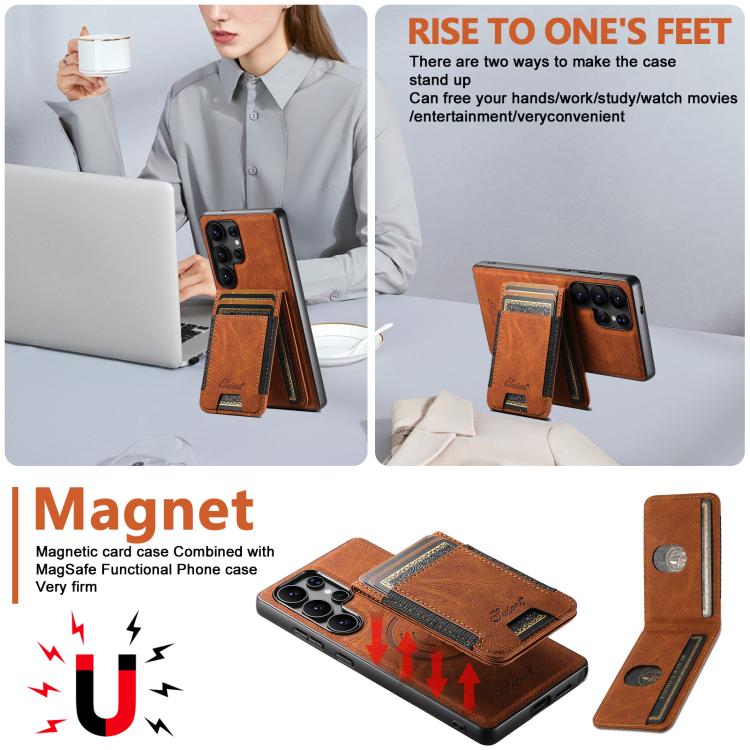 For Samsung Galaxy S25 5G Suteni H17 Litchi Texture Leather MagSafe Detachable Wallet Phone Case(Khaki) - Galaxy S25 5G Cases by Suteni | Online Shopping South Africa | PMC TechLife | Buy Now Pay Later Mobicred