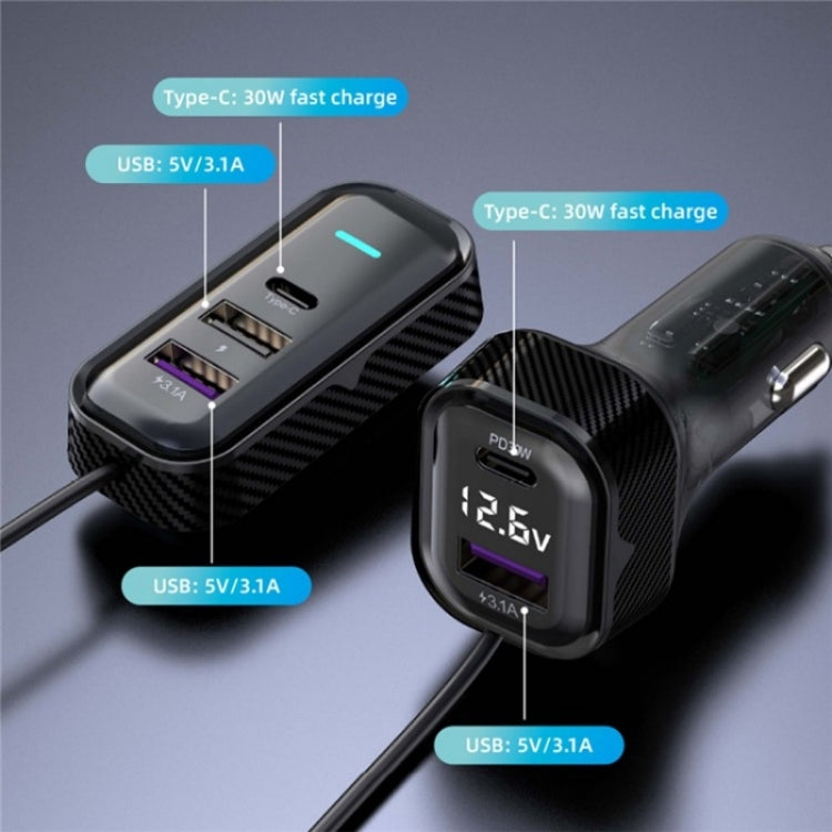 YQ6 PD 30W Fast Charging 2 x Type-C + 3 x USB Car Charger with 1.5m Extension Cable - Car Charger by PMC TechLife | Online Shopping South Africa | PMC TechLife | Buy Now Pay Later Mobicred