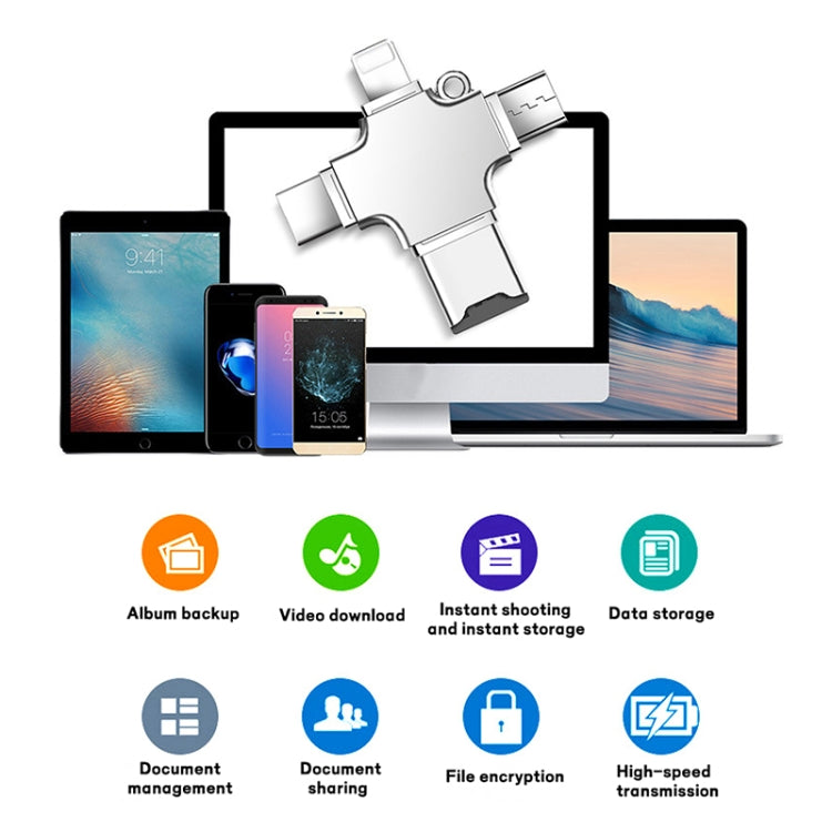 4 in 1 USB-C / Type-C  USB 2.0 + Micro USB + 8 Pin Adapter TF Card Reader, Memory Card:32GB(Sliver) - U Disk & Card Reader by PMC TechLife | Online Shopping South Africa | PMC TechLife | Buy Now Pay Later Mobicred