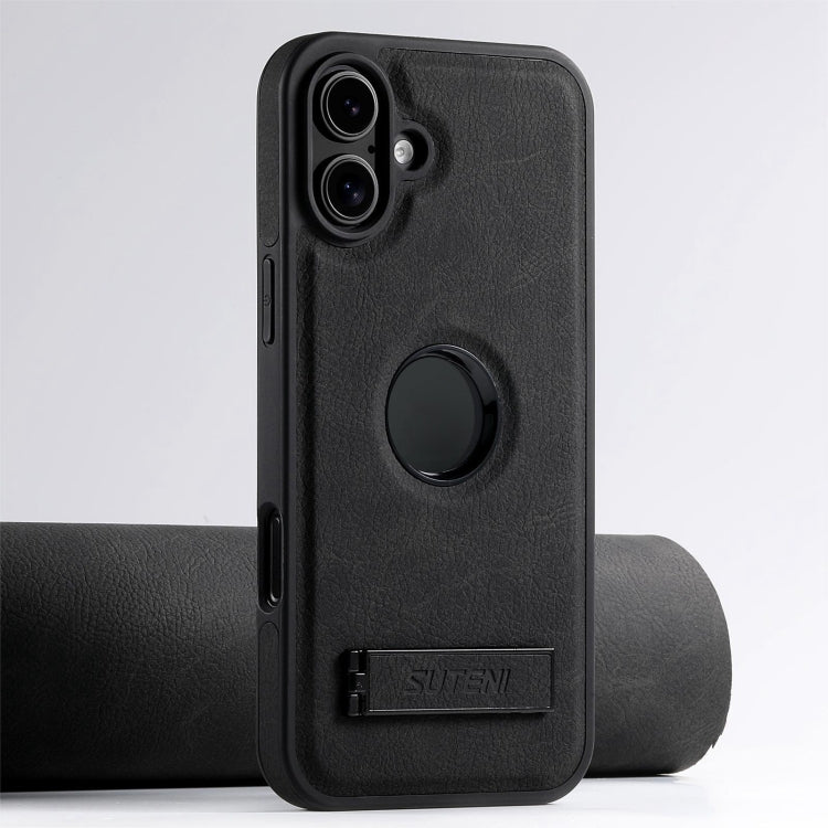 For iPhone 16 Plus Suteni G2 Magsafe Litchi Texture Leather Back Phone Case with Holder(Black) - iPhone 16 Plus Cases by Suteni | Online Shopping South Africa | PMC Jewellery | Buy Now Pay Later Mobicred