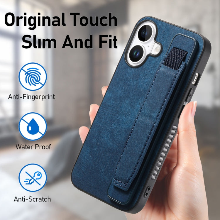 For iPhone 16 Retro Wristband Holder Leather Back Phone Case(Blue) - iPhone 16 Cases by PMC Jewellery | Online Shopping South Africa | PMC Jewellery | Buy Now Pay Later Mobicred