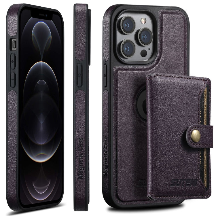 For iPhone 12 Pro Suteni M1 Oil Wax MagSafe Detachable Horizontal Card Bag Phone Case(Purple) - iPhone 12 / 12 Pro Cases by Suteni | Online Shopping South Africa | PMC Jewellery | Buy Now Pay Later Mobicred