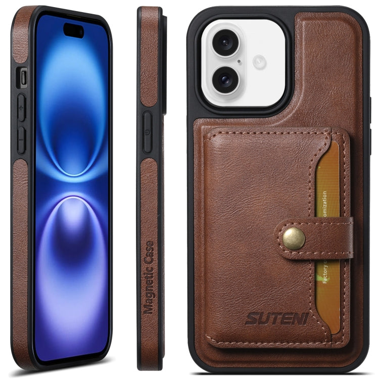 For iPhone 16 Suteni M1 Oil Wax MagSafe Detachable Horizontal Card Bag Phone Case(Brown) - iPhone 16 Cases by Suteni | Online Shopping South Africa | PMC Jewellery | Buy Now Pay Later Mobicred