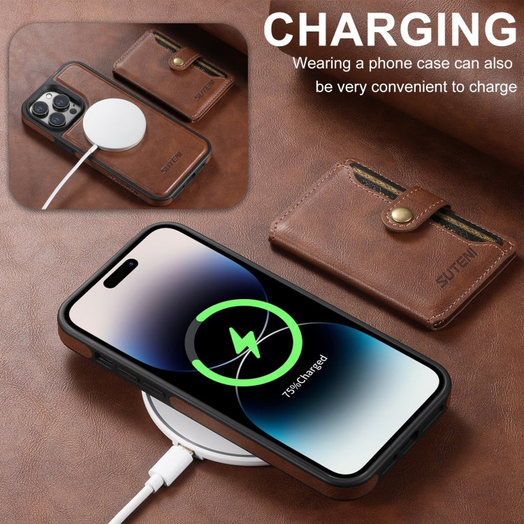 For iPhone 16 Suteni M1 Oil Wax MagSafe Detachable Horizontal Card Bag Phone Case(Brown) - free shipping - PMC Jewellery - Order now!