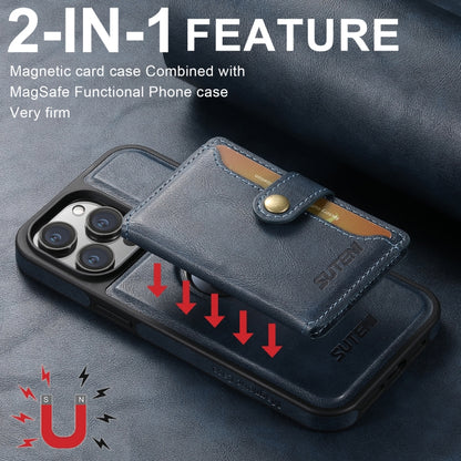 For iPhone 16 Pro Suteni M1 Oil Wax MagSafe Detachable Horizontal Card Bag Phone Case(Blue) - iPhone 16 Pro Cases by Suteni | Online Shopping South Africa | PMC Jewellery | Buy Now Pay Later Mobicred