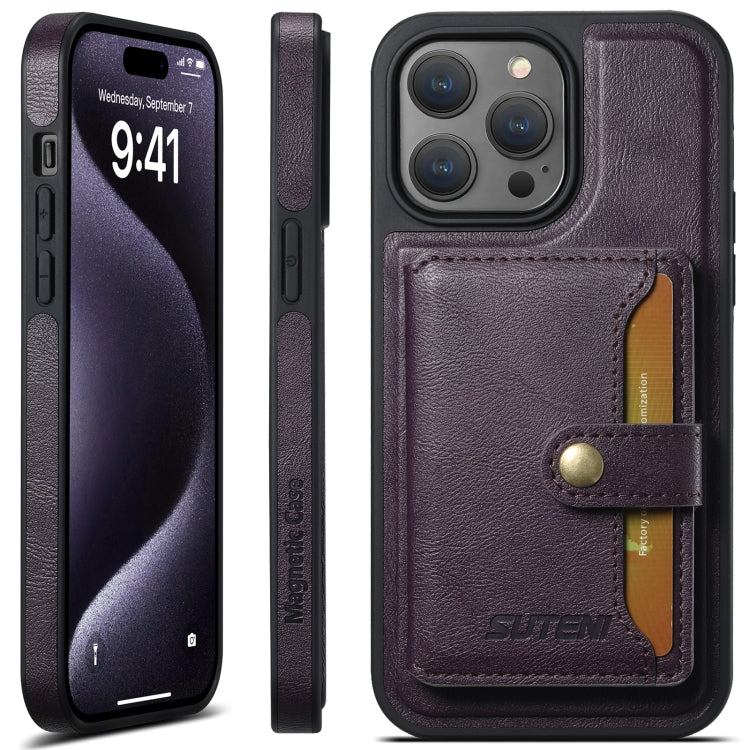 For iPhone 16 Pro Max Suteni M1 Oil Wax MagSafe Detachable Horizontal Card Bag Phone Case(Purple) - iPhone 16 Pro Max Cases by Suteni | Online Shopping South Africa | PMC Jewellery | Buy Now Pay Later Mobicred