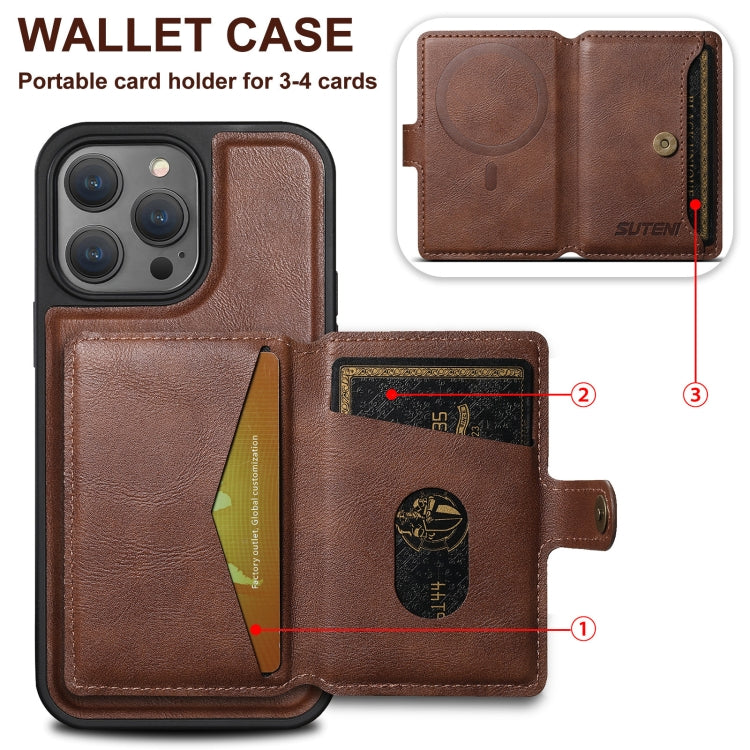 For iPhone 14 Suteni M1 Oil Wax MagSafe Detachable Horizontal Card Bag Phone Case(Brown) - iPhone 14 Cases by Suteni | Online Shopping South Africa | PMC Jewellery | Buy Now Pay Later Mobicred