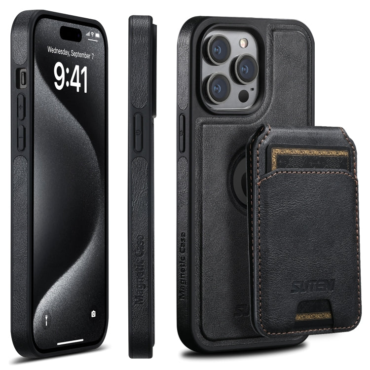 For iPhone 15 Pro Suteni M2 Oil Wax MagSafe Horizontal Card Bag Phone Case(Black) - iPhone 15 Pro Cases by Suteni | Online Shopping South Africa | PMC Jewellery | Buy Now Pay Later Mobicred