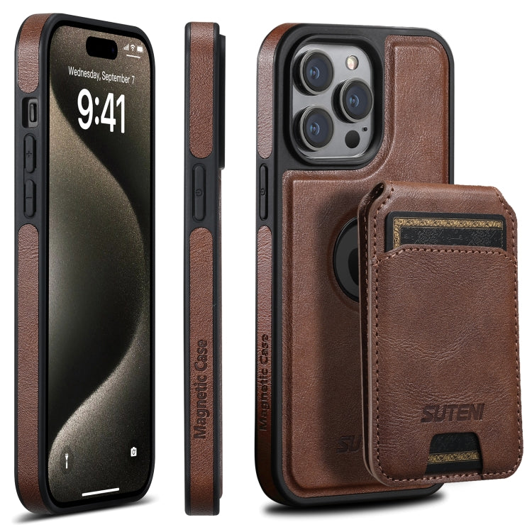 For iPhone 15 Pro Suteni M2 Oil Wax MagSafe Horizontal Card Bag Phone Case(Brown) - iPhone 15 Pro Cases by Suteni | Online Shopping South Africa | PMC Jewellery | Buy Now Pay Later Mobicred