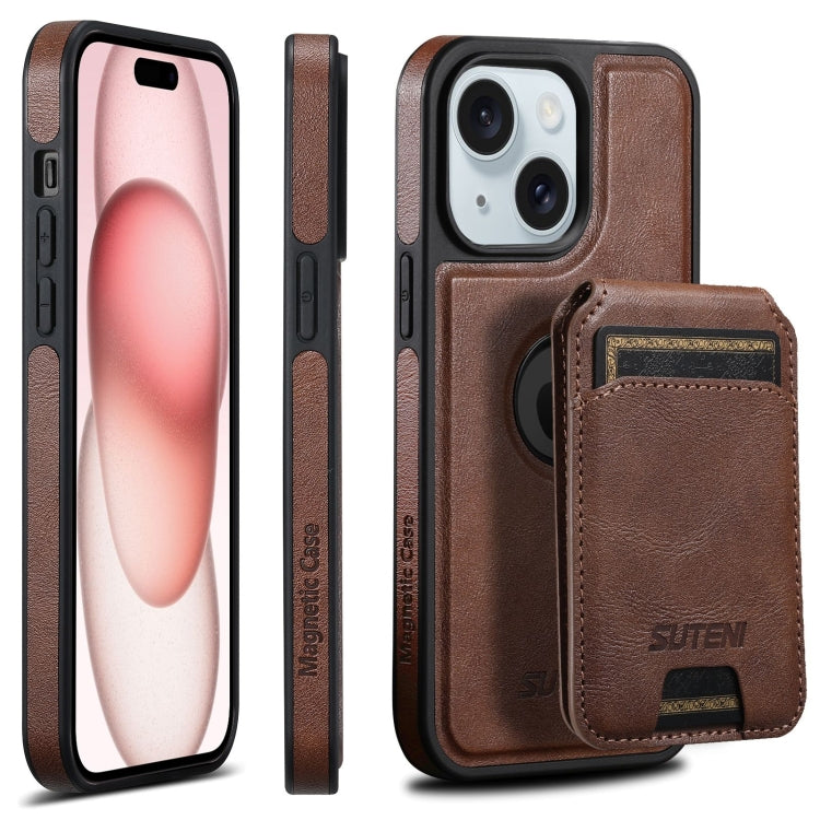 For iPhone 15 Plus Suteni M2 Oil Wax MagSafe Horizontal Card Bag Phone Case(Brown) - iPhone 15 Plus Cases by Suteni | Online Shopping South Africa | PMC Jewellery | Buy Now Pay Later Mobicred