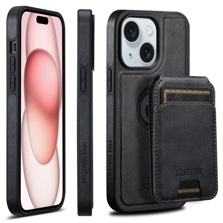 For iPhone 15 Suteni M2 Oil Wax MagSafe Horizontal Card Bag Phone Case(Black) - free shipping - PMC Jewellery - Order now!