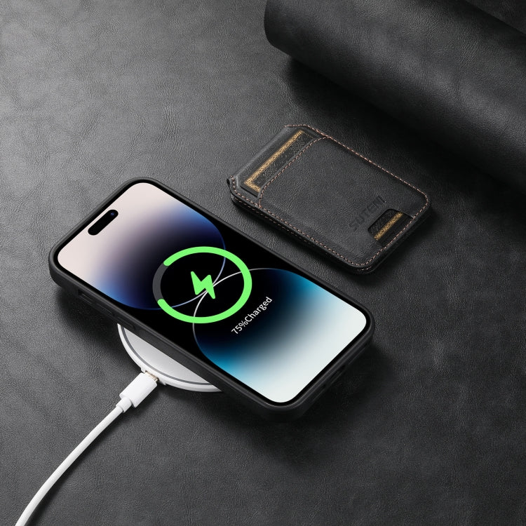 For iPhone 15 Suteni M2 Oil Wax MagSafe Horizontal Card Bag Phone Case(Black) - free shipping - PMC Jewellery - Order now!
