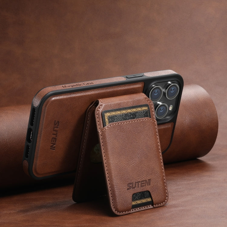 For iPhone 15 Suteni M2 Oil Wax MagSafe Horizontal Card Bag Phone Case(Brown) - free shipping - PMC Jewellery - Order now!