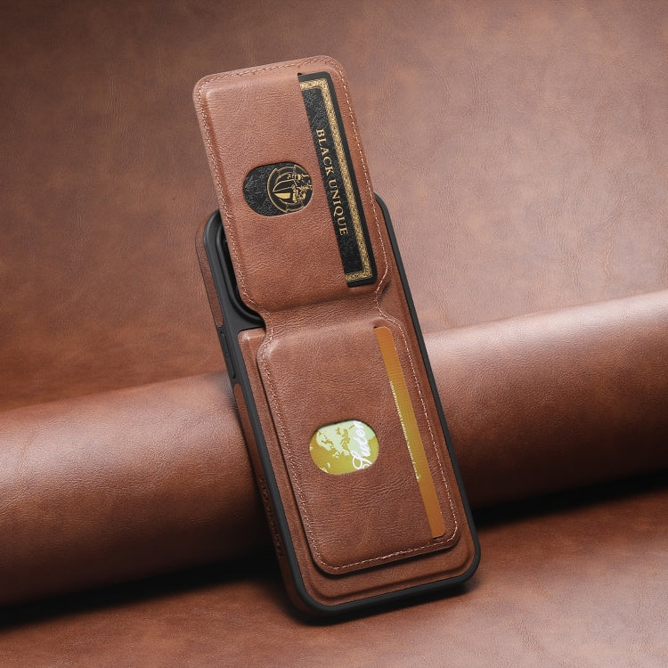 For iPhone 15 Suteni M2 Oil Wax MagSafe Horizontal Card Bag Phone Case(Brown) - free shipping - PMC Jewellery - Order now!