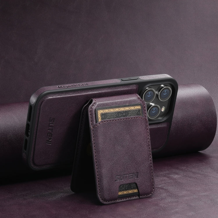 For iPhone 15 Suteni M2 Oil Wax MagSafe Horizontal Card Bag Phone Case(Purple) - iPhone 15 Cases by Suteni | Online Shopping South Africa | PMC Jewellery | Buy Now Pay Later Mobicred