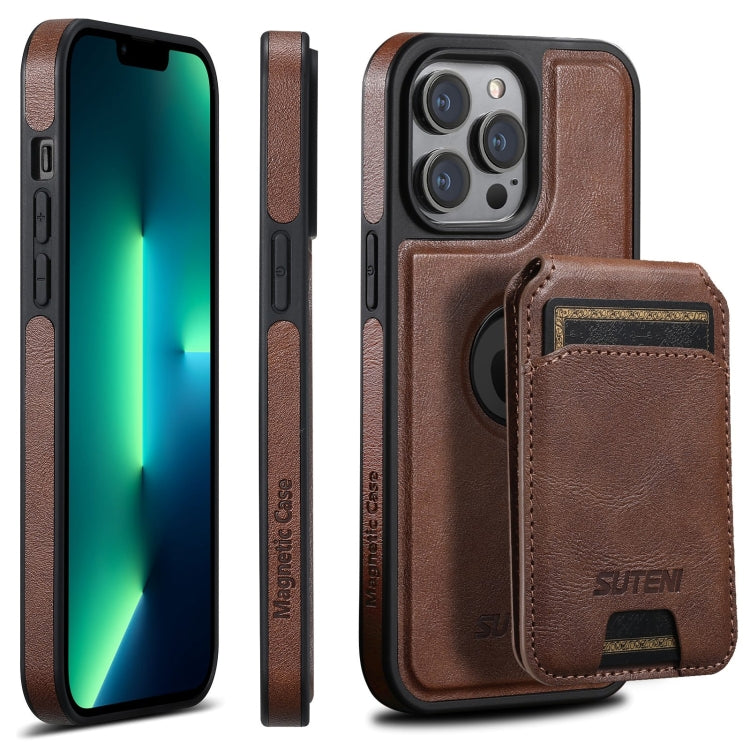 For iPhone 13 Pro Max Suteni M2 Oil Wax MagSafe Horizontal Card Bag Phone Case(Brown) - iPhone 13 Pro Max Cases by Suteni | Online Shopping South Africa | PMC Jewellery | Buy Now Pay Later Mobicred