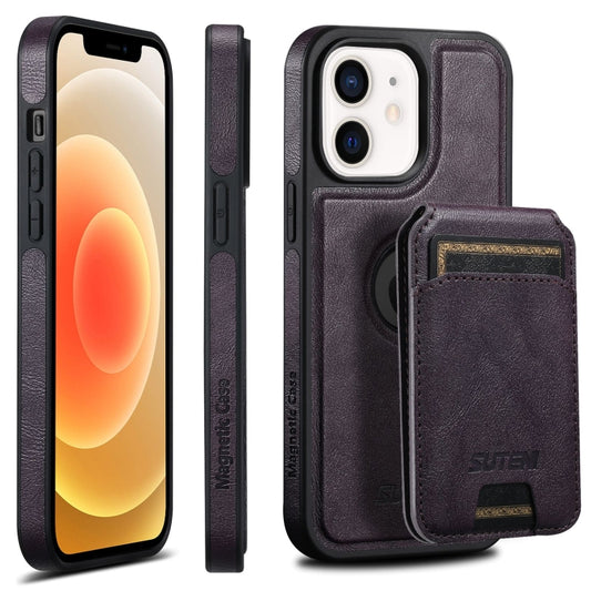 For iPhone 12  Suteni M2 Oil Wax MagSafe Horizontal Card Bag Phone Case(Purple) - iPhone 12 / 12 Pro Cases by Suteni | Online Shopping South Africa | PMC Jewellery | Buy Now Pay Later Mobicred