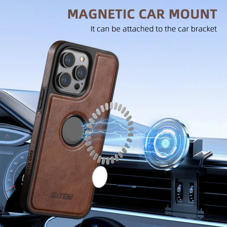 For iPhone 16 Suteni M2 Oil Wax MagSafe Horizontal Card Bag Phone Case(Brown) - iPhone 16 Cases by Suteni | Online Shopping South Africa | PMC Jewellery | Buy Now Pay Later Mobicred