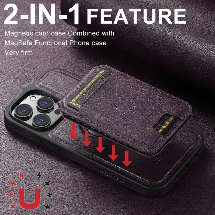 For iPhone 16 Pro Max Suteni M2 Oil Wax MagSafe Horizontal Card Bag Phone Case(Purple) - iPhone 16 Pro Max Cases by Suteni | Online Shopping South Africa | PMC Jewellery | Buy Now Pay Later Mobicred