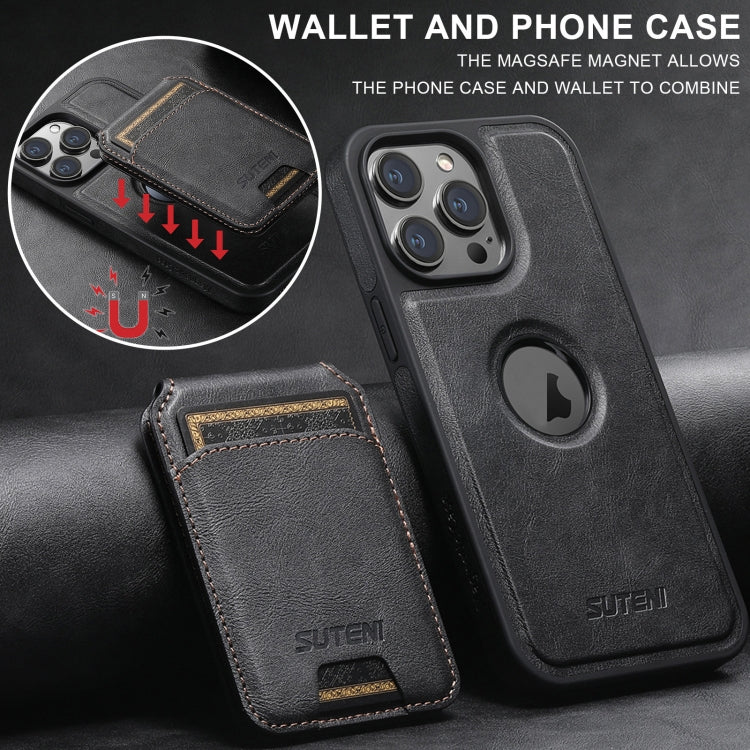 For iPhone 15 Suteni M2 Oil Wax MagSafe Horizontal Card Bag Phone Case(Black) - free shipping - PMC Jewellery - Order now!