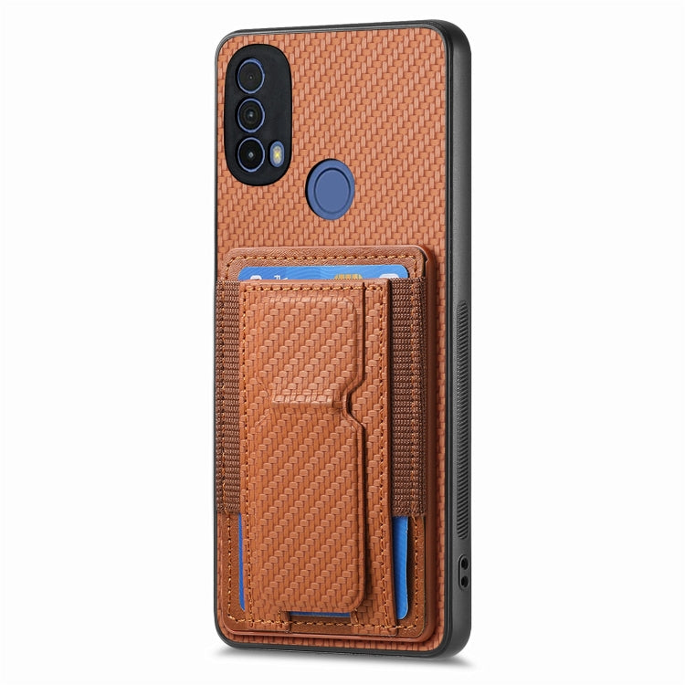 For Motorola Moto G 5G 2024 4G Carbon Fiber Fold Stand Elastic Card Bag Phone Case(Brown) - Motorola Cases by PMC Jewellery | Online Shopping South Africa | PMC Jewellery | Buy Now Pay Later Mobicred
