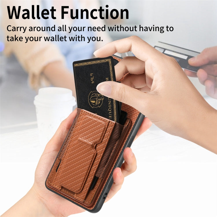 For Motorola Moto G 5G 2024 4G Carbon Fiber Fold Stand Elastic Card Bag Phone Case(Brown) - Motorola Cases by PMC Jewellery | Online Shopping South Africa | PMC Jewellery | Buy Now Pay Later Mobicred