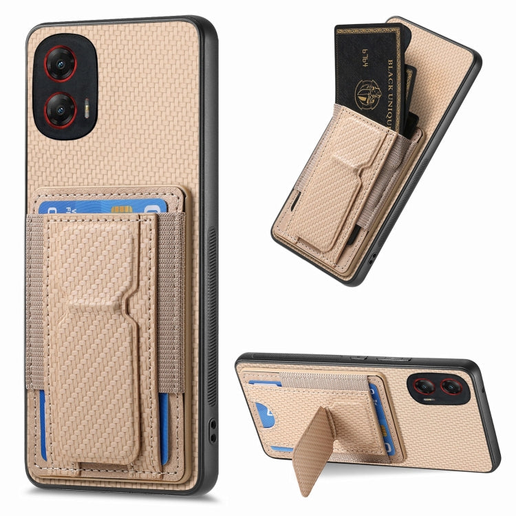 For Motorola Moto G Stylus 5G 2024 Carbon Fiber Fold Stand Elastic Card Bag Phone Case(Khaki) - Motorola Cases by PMC Jewellery | Online Shopping South Africa | PMC Jewellery | Buy Now Pay Later Mobicred