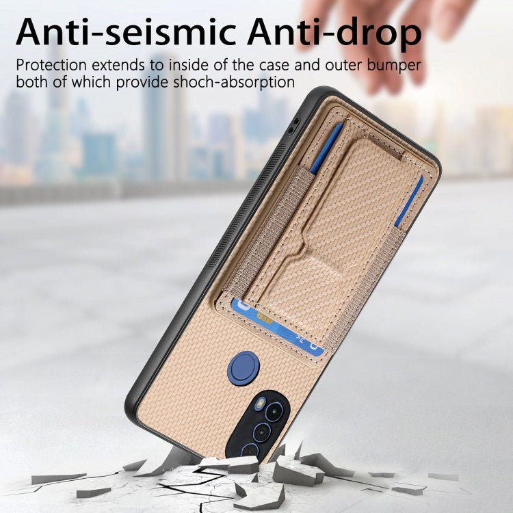 For Motorola Moto G Stylus 5G 2024 Carbon Fiber Fold Stand Elastic Card Bag Phone Case(Khaki) - Motorola Cases by PMC Jewellery | Online Shopping South Africa | PMC Jewellery | Buy Now Pay Later Mobicred
