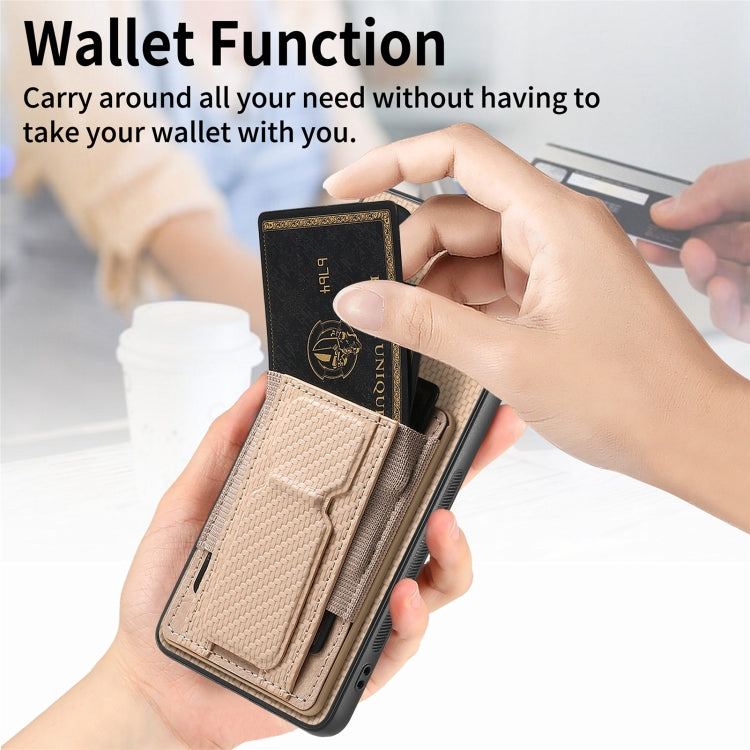 For Motorola Moto G Stylus 5G 2024 Carbon Fiber Fold Stand Elastic Card Bag Phone Case(Khaki) - Motorola Cases by PMC Jewellery | Online Shopping South Africa | PMC Jewellery | Buy Now Pay Later Mobicred