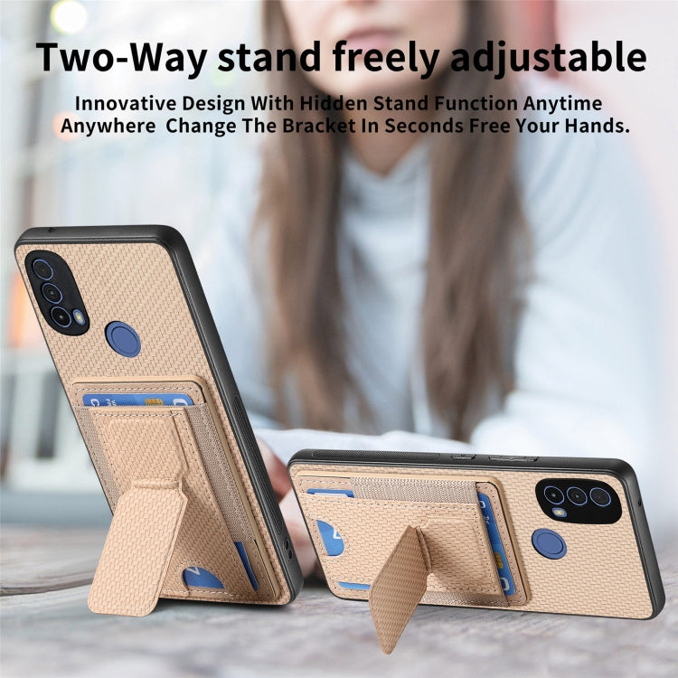 For Motorola Moto G Stylus 5G 2024 Carbon Fiber Fold Stand Elastic Card Bag Phone Case(Khaki) - Motorola Cases by PMC Jewellery | Online Shopping South Africa | PMC Jewellery | Buy Now Pay Later Mobicred