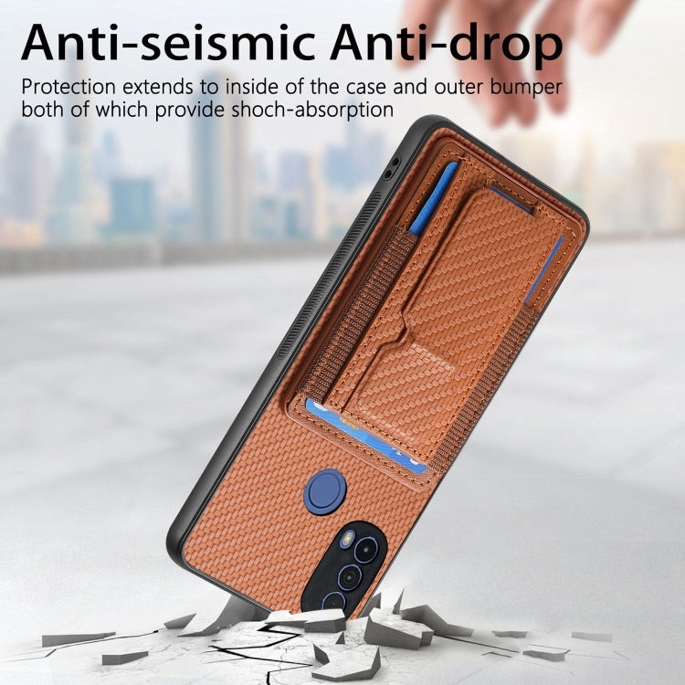 For Motorola Moto G Power 5G 2024 Carbon Fiber Fold Stand Elastic Card Bag Phone Case(Brown) - Motorola Cases by PMC Jewellery | Online Shopping South Africa | PMC Jewellery | Buy Now Pay Later Mobicred