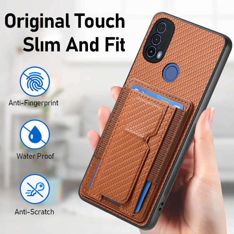 For Motorola Moto G Power 5G 2024 Carbon Fiber Fold Stand Elastic Card Bag Phone Case(Brown) - Motorola Cases by PMC Jewellery | Online Shopping South Africa | PMC Jewellery | Buy Now Pay Later Mobicred