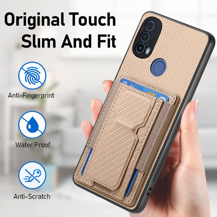 For Motorola Moto G Power 5G 2024 Carbon Fiber Fold Stand Elastic Card Bag Phone Case(Khaki) - Motorola Cases by PMC Jewellery | Online Shopping South Africa | PMC Jewellery | Buy Now Pay Later Mobicred