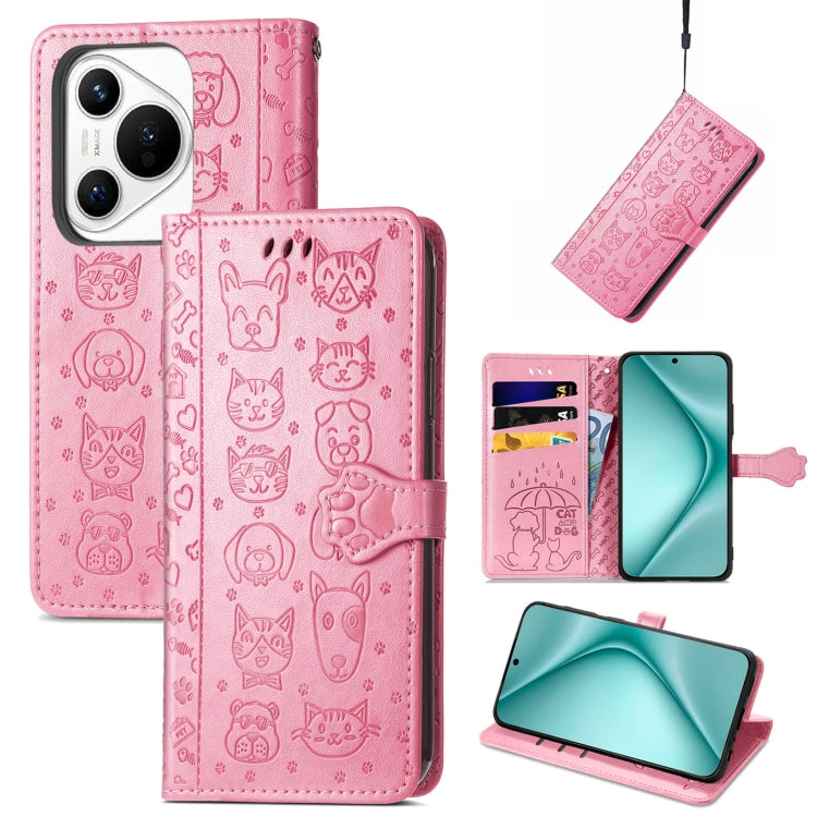 For Huawei Pura 70 Cat and Dog Embossed Leather Phone Case(Pink) - Huawei Cases by PMC Jewellery | Online Shopping South Africa | PMC Jewellery | Buy Now Pay Later Mobicred