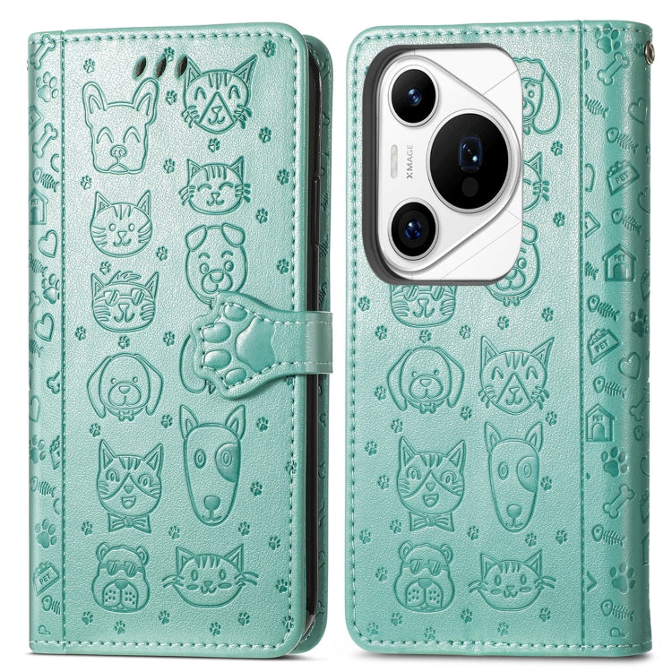 For Huawei Pura 70 Ultra Cat and Dog Embossed Leather Phone Case(Green) - Huawei Cases by PMC Jewellery | Online Shopping South Africa | PMC Jewellery | Buy Now Pay Later Mobicred