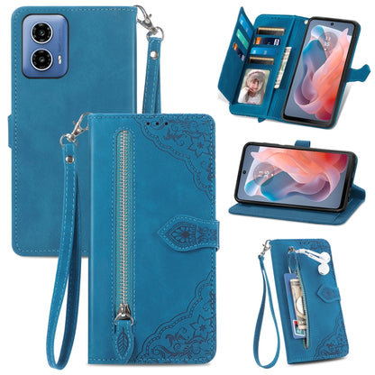 For Motorola Moto G Play 2024 Embossed Flower Zipper Leather Phone Case(Blue) - Motorola Cases by PMC Jewellery | Online Shopping South Africa | PMC Jewellery | Buy Now Pay Later Mobicred