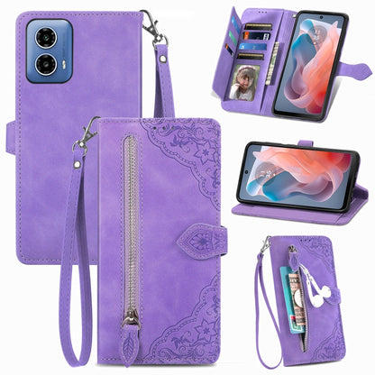 For Motorola Moto G Play 2024 Embossed Flower Zipper Leather Phone Case(Purple) - Motorola Cases by PMC Jewellery | Online Shopping South Africa | PMC Jewellery | Buy Now Pay Later Mobicred