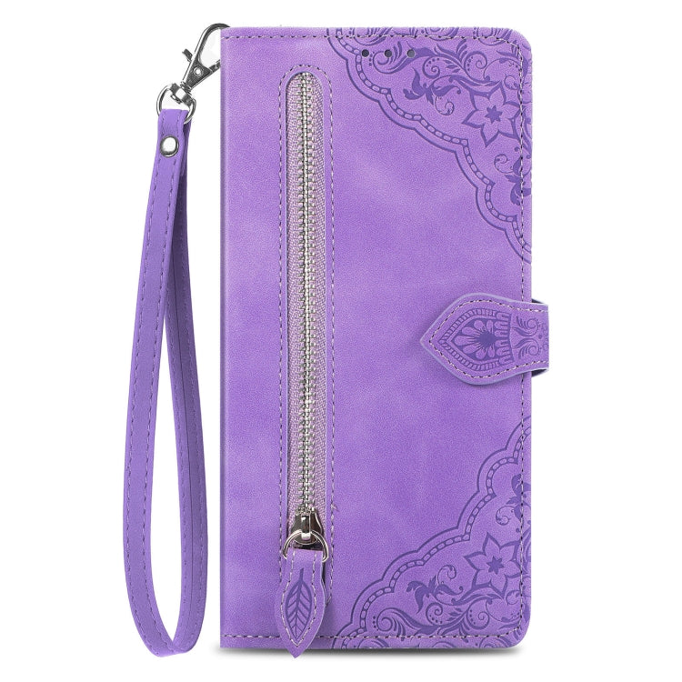 For Motorola Moto G Play 2024 Embossed Flower Zipper Leather Phone Case(Purple) - Motorola Cases by PMC Jewellery | Online Shopping South Africa | PMC Jewellery | Buy Now Pay Later Mobicred