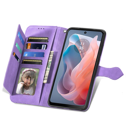 For Motorola Moto G Play 2024 Embossed Flower Zipper Leather Phone Case(Purple) - Motorola Cases by PMC Jewellery | Online Shopping South Africa | PMC Jewellery | Buy Now Pay Later Mobicred