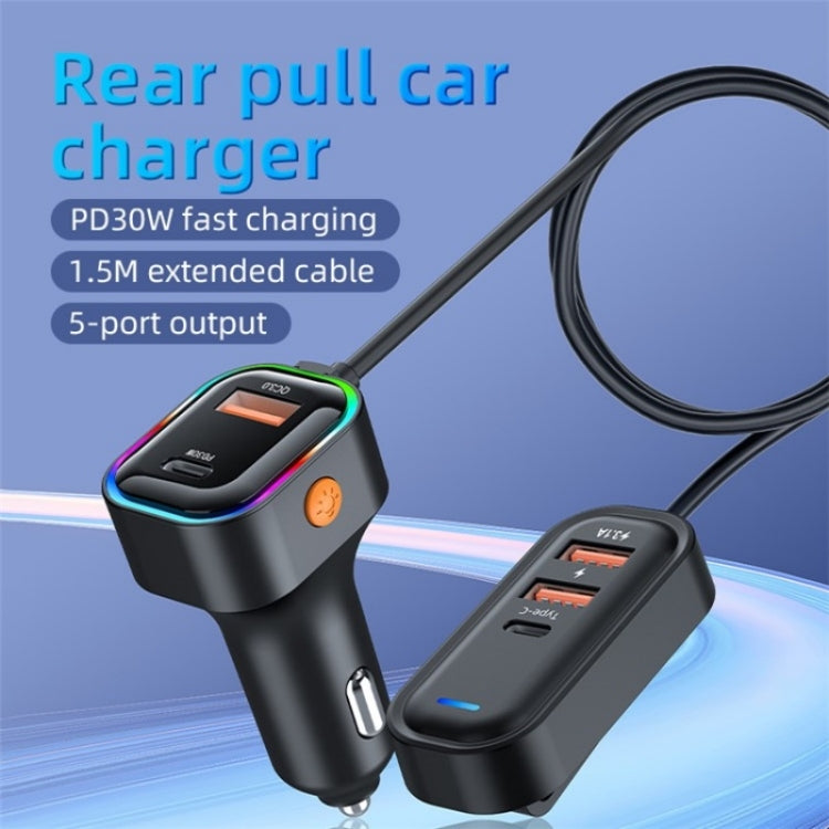 K5 3 USB Fast Charging Car Charger 66W Extension Cord Design 5 Ports Charging Adapter - Car Charger by PMC TechLife | Online Shopping South Africa | PMC TechLife | Buy Now Pay Later Mobicred