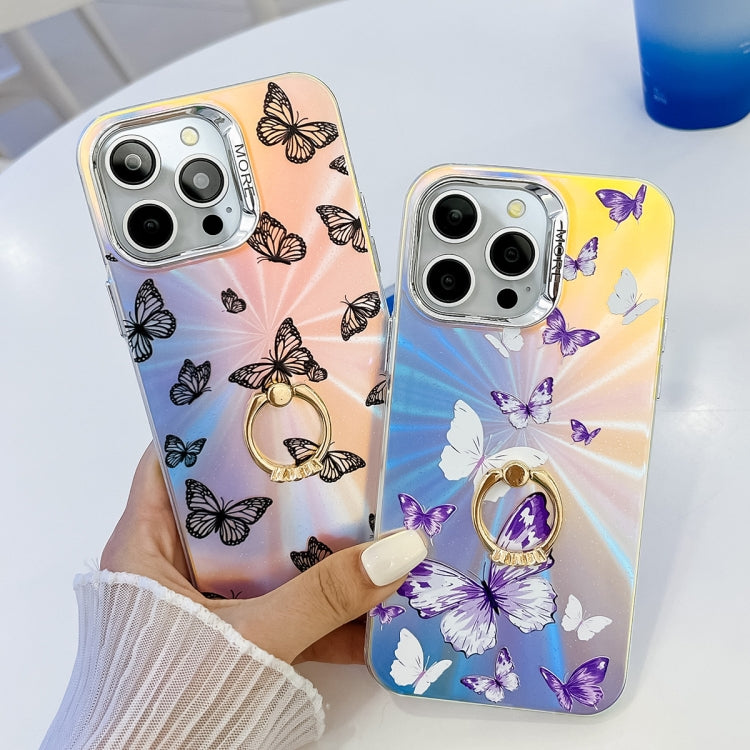 For iPhone 16 Plus Electroplating Laser Butterfly Ring Holder Phone Case(Pink Butterflies AB2) - iPhone 16 Plus Cases by PMC TechLife | Online Shopping South Africa | PMC TechLife | Buy Now Pay Later Mobicred