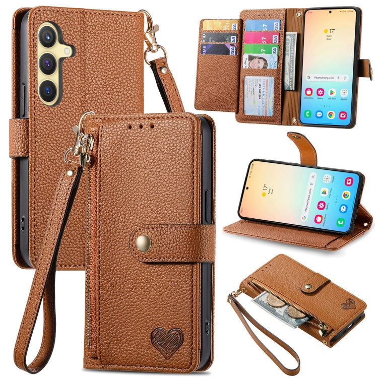 For Samsung Galaxy S25 5G Love Zipper Lanyard Leather Phone Case(Brown) - Galaxy S25 5G Cases by PMC TechLife | Online Shopping South Africa | PMC TechLife | Buy Now Pay Later Mobicred
