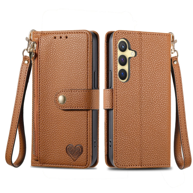 For Samsung Galaxy S25 5G Love Zipper Lanyard Leather Phone Case(Brown) - Galaxy S25 5G Cases by PMC TechLife | Online Shopping South Africa | PMC TechLife | Buy Now Pay Later Mobicred