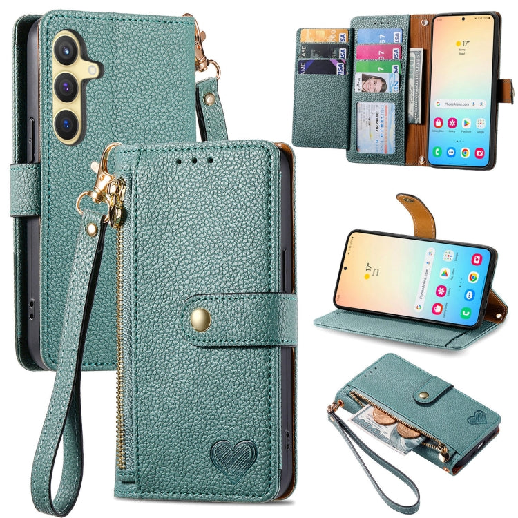 For Samsung Galaxy S25 5G Love Zipper Lanyard Leather Phone Case(Green) - Galaxy S25 5G Cases by PMC TechLife | Online Shopping South Africa | PMC TechLife | Buy Now Pay Later Mobicred