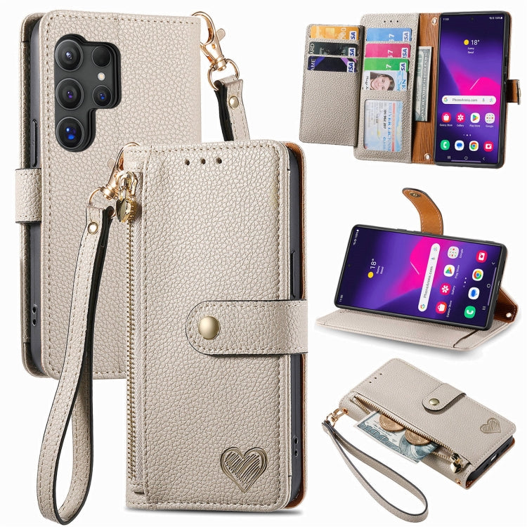 For Samsung Galaxy S25 Ultra 5G Love Zipper Lanyard Leather Phone Case(Gray) - Galaxy S25 Ultra 5G Cases by PMC TechLife | Online Shopping South Africa | PMC TechLife | Buy Now Pay Later Mobicred