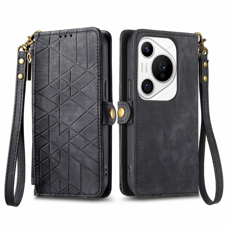 For Huawei Pura 70 Pro Geometric Zipper Wallet Side Buckle Leather Phone Case(Black) - Huawei Cases by PMC Jewellery | Online Shopping South Africa | PMC Jewellery | Buy Now Pay Later Mobicred