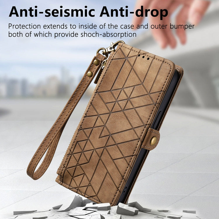 For Huawei Pura 70 Pro Geometric Zipper Wallet Side Buckle Leather Phone Case(Brown) - Huawei Cases by PMC Jewellery | Online Shopping South Africa | PMC Jewellery | Buy Now Pay Later Mobicred