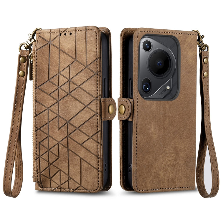 For Huawei Pura 70 Ultra Geometric Zipper Wallet Side Buckle Leather Phone Case(Brown) - Huawei Cases by PMC Jewellery | Online Shopping South Africa | PMC Jewellery | Buy Now Pay Later Mobicred